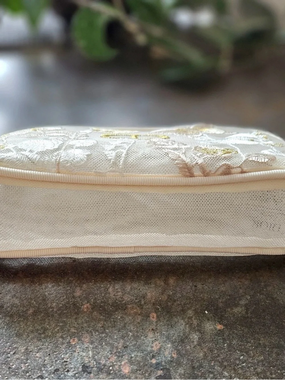 Dior Cream Embroidered Floral Cosmetic Pouch with Gold CD Logo this is a GWP